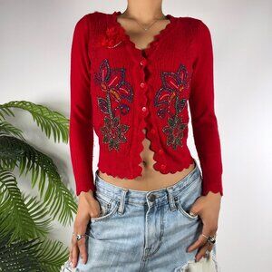 Vintage Red Fairycore Cottagecore Knit Floral Beaded Long Sleeve Cardigan / XS
